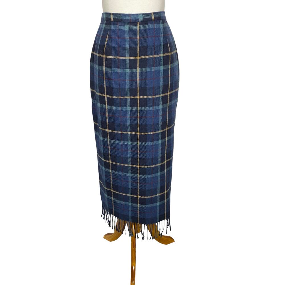 Requirements Fringe Plaid Maxi Skirt Blue Wool Blend Size 8 Vintage 90s Academia